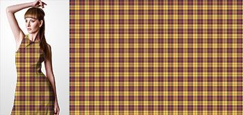 25023v Materiał ze wzorem kolorowa krata w odcieniach złotego z brązowymi i czerwonymi detalami